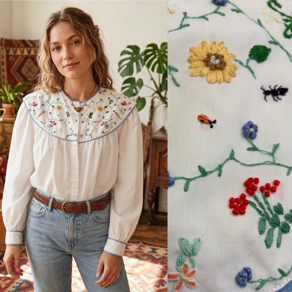 Handmade Embroidered Yoke‎ White Cotton Blouse Floral Ladybug Bee Ant Butterfly